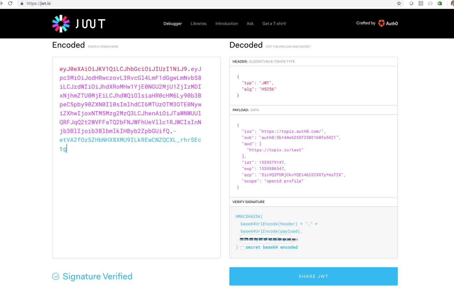 Security of JSON Web Tokens (JWT)