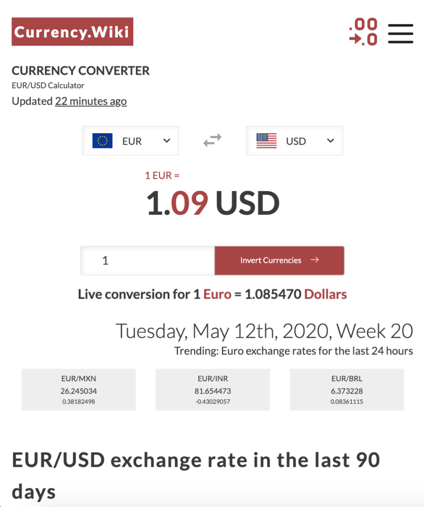 Convert Euros (EUR) and United States Dollars (USD): Currency Exchange Rate Conversion Calculator