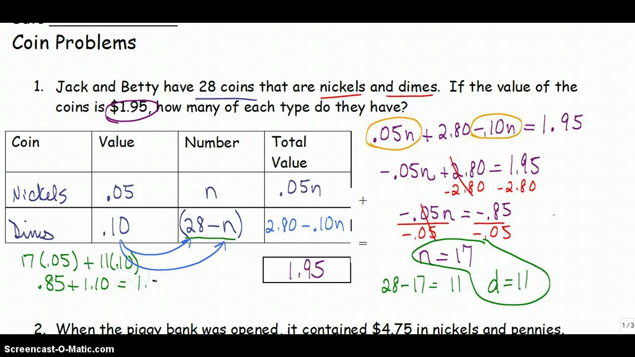 Coin Word Problems (video lessons, examples and solutions)