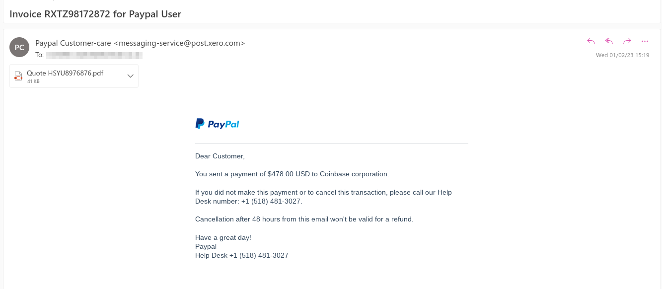 PayPal Coinbase Invoice Scam Email