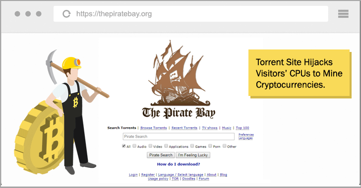 The Pirate Bay is hijacking visitors' web browsers to mine cryptocurrency