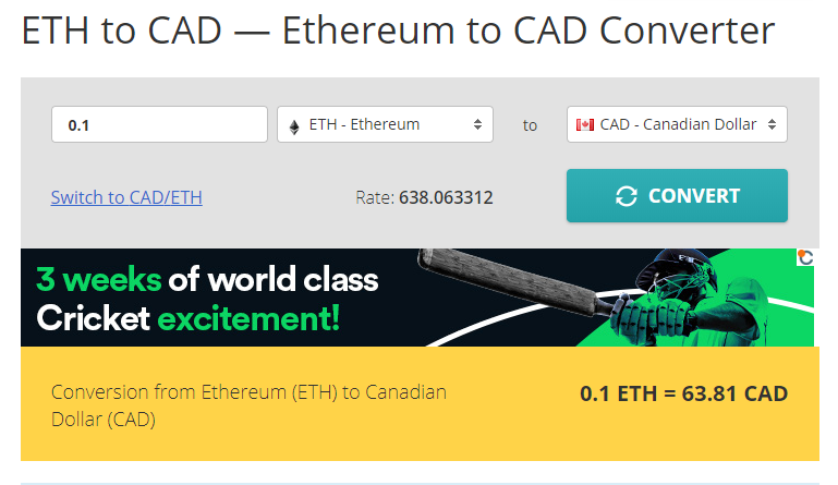 1 ETH to CAD Exchange Rate Calculator: How much CAD is 1 Ethereum?