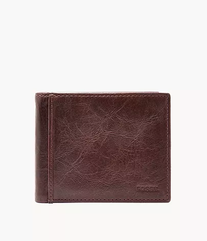 Fossil Mens Dark Brown Ingram RFID Bifold with Flip ID | Maroon U