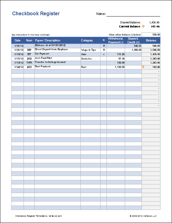 Checkbook Register Spreadsheet, Check Register Template Excel -