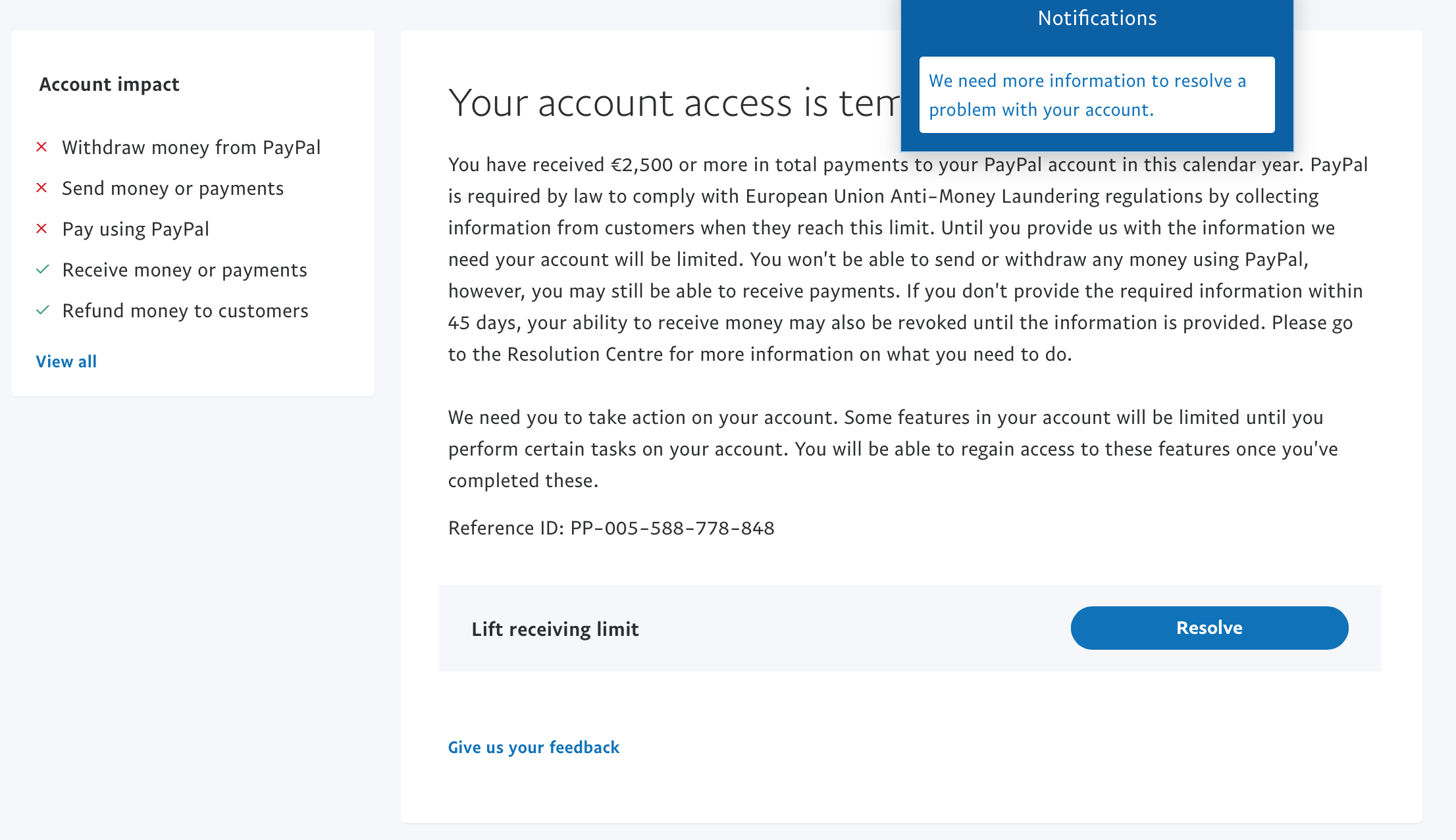 How do I remove a limitation from my account? | PayPal GB